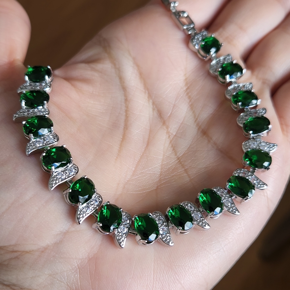 New 925 Silver Oval Cut Emerald Diamond Bracelet With Extender for Women